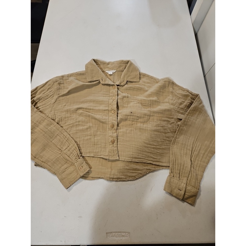 Aeropostale XS Womens Long Sleeve Oversized Cropped Button-Up Tan NWT (A1303)